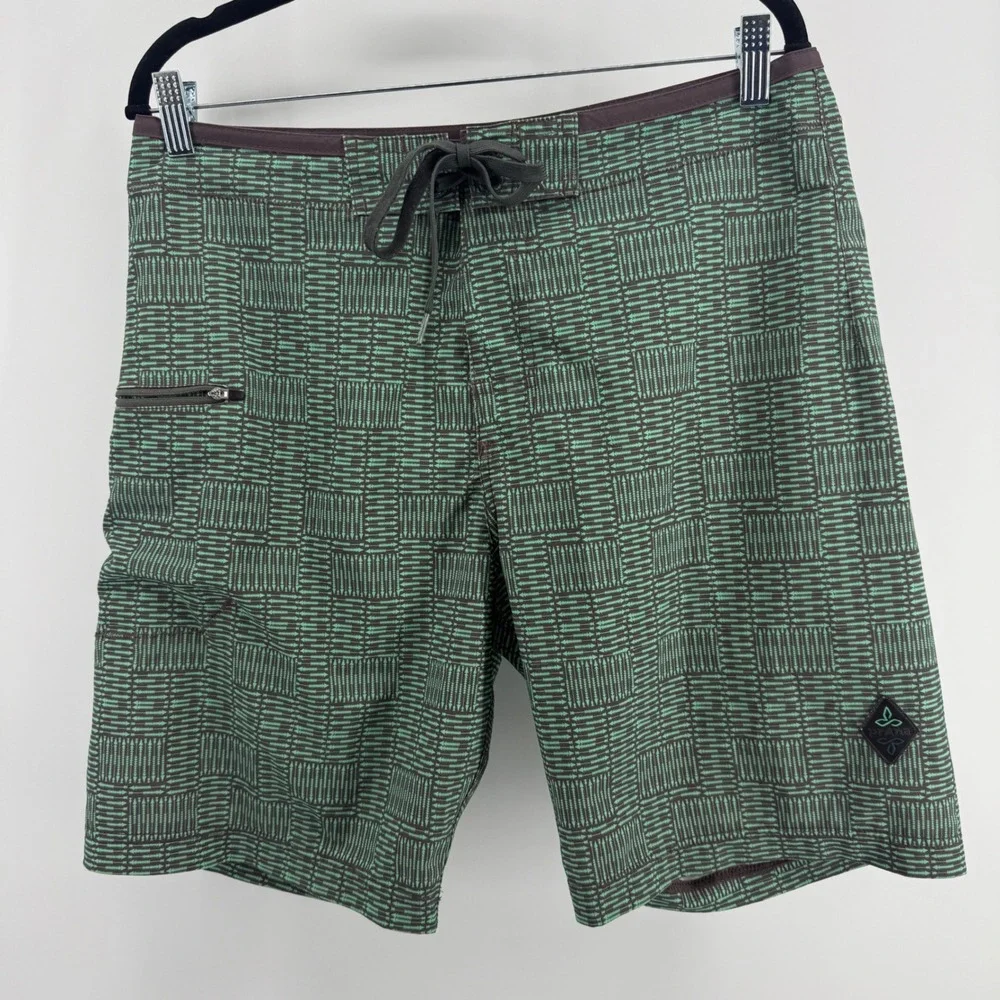Prana Mens Board Shorts Size 32 Green Brown Arrow Print Swim Trunks UPF 50+